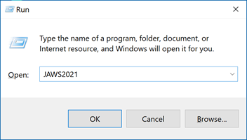 Windows Run dialog box showing the text JAWS2021 typed in the edit box.